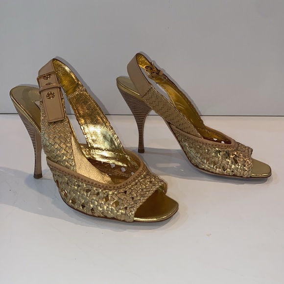 Miu Miu Gold Metallic Braided Leather Open Toe Slingback Sandals Size 37.5 EUC - Picture 1 of 15